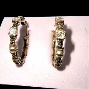 Vintage Sterling Silver, Marcasite & CZ Highly Textured Hoop Earrings